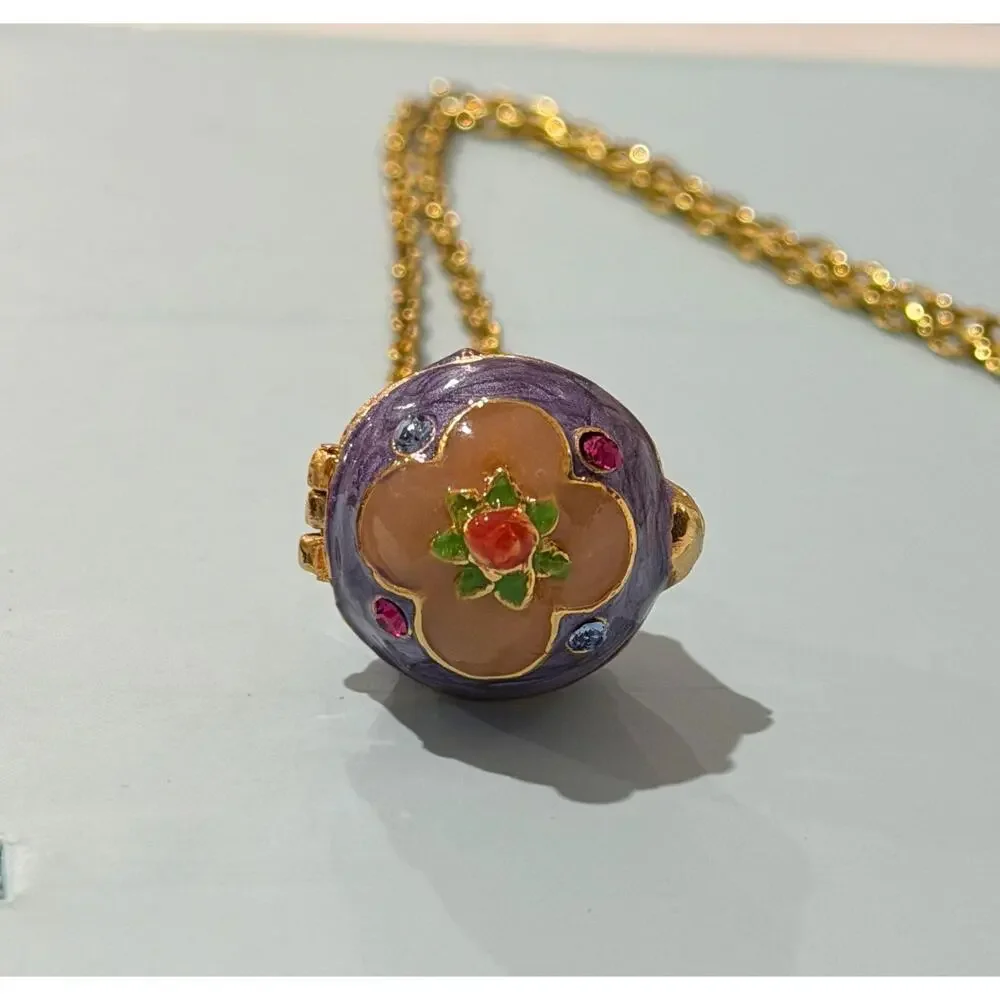 Vintage Joan Rivers Faberge Style Egg Locket Necklace • Purple Enamel • Gold Pl